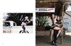 Left: Channeling classic pinup style, a woman in black lingerie and boots poses on a white vintage truck. Right: A woman in black lingerie and heels stands over a tied man by a rustic "Mineral Panning" building. From *Kittens and Kulture* by Schiffer Publishing, Ltd.
