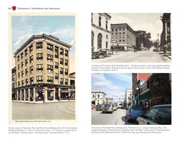 A page from "Greetings from Rutland, VT" by Schiffer Publishing, Ltd. features three images: an antique postcard of the New Gryphon Building, a vintage Main Street photo, and a modern street view in downtown Rutland.