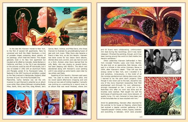 Two vibrant pages from Schiffer Publishing, Ltd.'s "It Must Be Art" showcase 1960s-inspired Afrofuturist illustrations, surreal cosmic scenes, abstracts, text blocks, and a black-and-white photo of people sitting together.