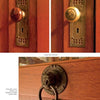 At the top, two brass doorknobs on wooden doors are shown. Below, a metal lion head door knocker is attached to a reddish-brown wood door, echoing the architectural details of restored homes featured in "Arts & Crafts Houses" by Schiffer Publishing, Ltd.