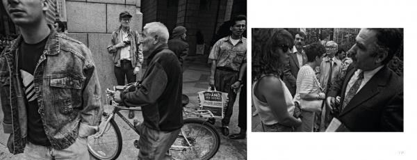 From Schiffer Publishing, Ltd., "Briefly Seen" features two black-and-white NYC street photos: left, a bustling street with an elderly man and bicycle; right, a suited man chats with a woman amid a lively crowd.