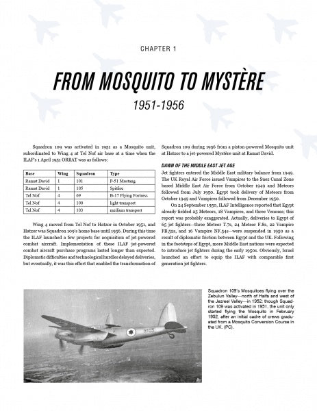 A vintage photo of a Mosquito aircraft in flight appears alongside historical text about Squadron 101’s switch to Dassault Mystere IVA (1951–1956) and squadron stats, featured in Jezreel Valley Mysteres by Schiffer Publishing, Ltd.