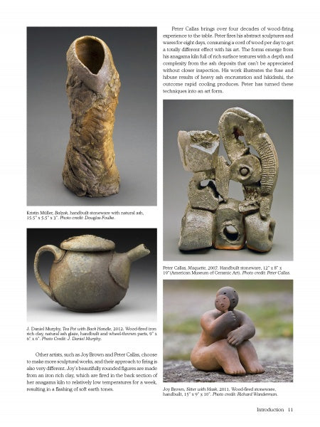 A magazine page features five wood-fired ceramic artworks from Schiffer Publishing, Ltd., including a textured vase, abstract sculpture, rounded teapot, sculpted bear, and organic form—each accompanied by artist and piece captions.