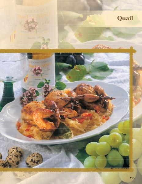 A plate of roasted quail, featured in "Cooking Wild Game" by Schiffer Publishing, Ltd., rests on vegetables and herbs, surrounded by green grapes, quail eggs, a wine glass, and a bottle atop a white tablecloth.