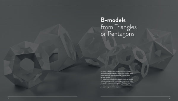 Folding Polyhedra by Schiffer Publishing, Ltd. features transparent geometric models—B-models from triangles or pentagons—displayed on a dark background, celebrating the beauty of math art with creative polyhedra projects.
