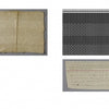 A book spread from Schiffer Publishing, Ltd.’s *Frances L. Goodrich’s Coverlet and Counterpane Drafts* features a poem on the left page and, on the right, three historical textile images: a yellowed fabric swatch, a black-and-white pattern inspired by handwoven counterpanes, and a handwritten Appalachian weaving draft on lined paper.