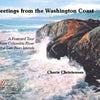 Waves crash on rocky Washington Coast cliffs beneath a blue sky. Text: "Greetings from the Washington Coast," a Schiffer Publishing, Ltd. postcard tour featuring vintage postcards and author Cherie Christensen.