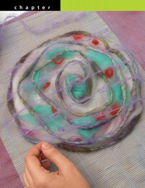 A hand arranges purple, turquoise, white, and red wool fibers in a spiral on a mesh mat, using classic felting techniques. Featured: Felting by Schiffer Publishing, Ltd.