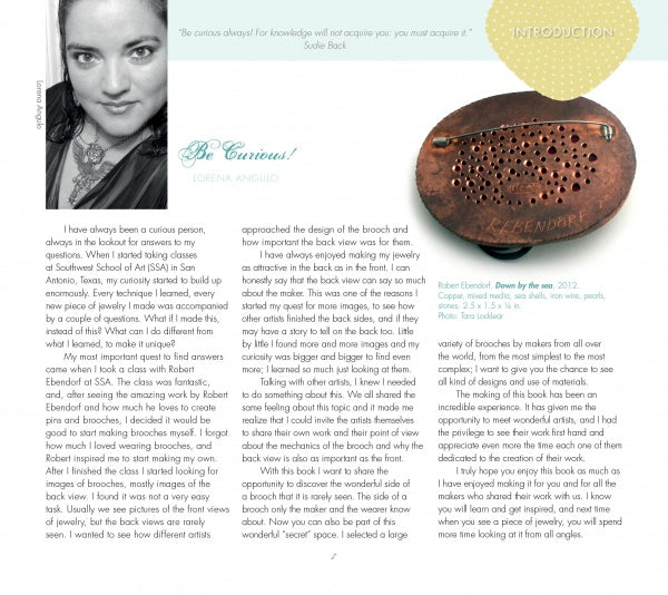 A magazine page displays a black-and-white portrait of a woman and an oval handcrafted brooch, with text revealing hidden jewelry details and design inspiration from "Behind the Brooch" by Schiffer Publishing, Ltd.