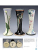 Three tall, slender vases with flared tops from Santa Barbara Ceramic Design by Schiffer Publishing, Ltd. feature unique ceramic art: white calla lilies, green foliage on black, and a multicolor abstract floral pattern.