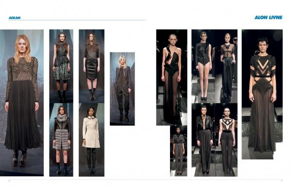 Left: Schiffer Publishing, Ltd.’s The SFP LookBook: Mercedes-Benz Fashion Week Fall 2013 Collections highlights dresses and layered coats; right: bold, sheer black gowns with striking geometric designs steal the scene.