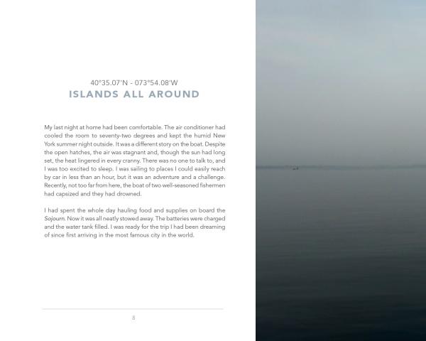 A foggy body of water fades into the distance beneath a pale sky. On the left, Schiffer Publishing, Ltd.’s Archipelago New York displays coordinates and a story about a night at home before sailing among NYC islands.