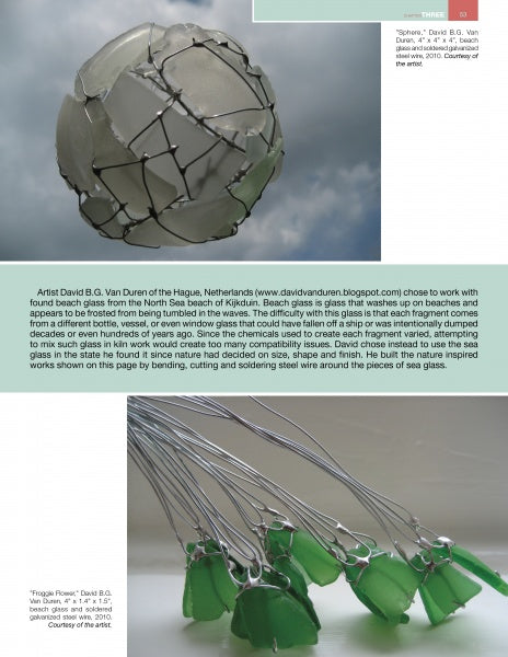 Two sculptures featured in "Sculpture and Design with Recycled Glass" by Schiffer Publishing, Ltd. include a round white and green glass piece on top and dangling green shards on wires below. Captions and artist details are provided.