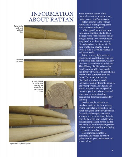 Page titled Information About Rattan features close-up photos of rattan poles, including details like nodes and cross-sections, with tips from the Schiffer Publishing, Ltd. book "Making a Rattan Bow" and advice from a bow design guide.