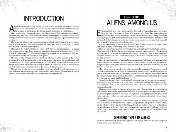 Two pages from "Alien Arrival: Salvation or Destruction" by Schiffer Publishing, Ltd. show black text on white; the "INTRODUCTION" explores curiosity about extraterrestrial life, while "ALIENS AMONG US" covers alien types and related UFO encounters.