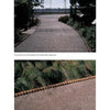 Two photos: Top, a curved pervious concrete footpath at the Indiana State Fairgrounds lined with plants; bottom, a close-up of a masonry border and grass along this sustainable paving from "Paving with Pervious Concrete" by Schiffer Publishing, Ltd.