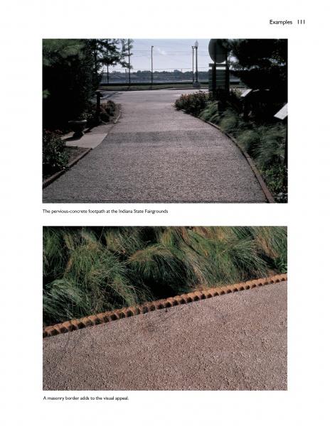 Two photos: Top, a curved pervious concrete footpath at the Indiana State Fairgrounds lined with plants; bottom, a close-up of a masonry border and grass along this sustainable paving from "Paving with Pervious Concrete" by Schiffer Publishing, Ltd.