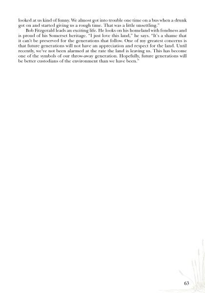 A page from Chesapeake Men by Schiffer Publishing, Ltd. shows Bob Fitzgerald emphasizing the need to respect and care for the land and Chesapeake Bay for future generations. Page number 63 appears at the bottom right corner.