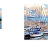 In "Miami, Real and Imagined" by Schiffer Publishing, Ltd., two pages feature Hank Klein’s Miami photography: left page—a smaller photo with text; right page—a vivid, large marina image with sailboats on calm water under a cloudy sky.