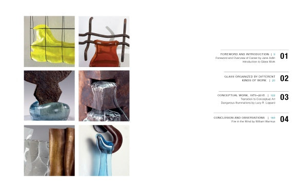 A page layout for "Behind the Curtain" by Schiffer Publishing, Ltd. features six abstract Studio Glass Art photos inspired by Mary Shaffer's mid-air slumping on the left, and a four-section table of contents with page numbers on the right.