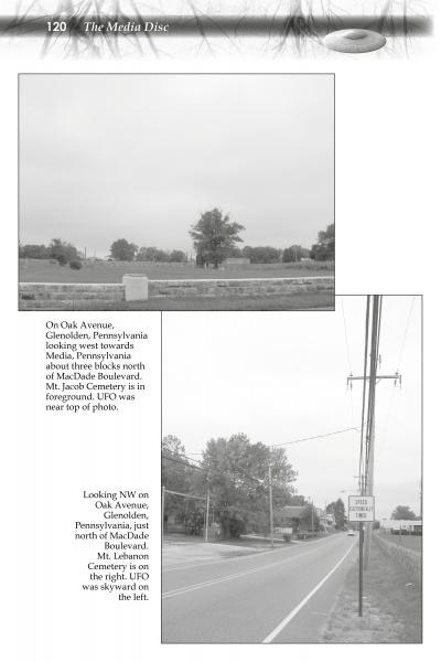 A black-and-white page features two photos of Oak Avenue in Glenolden, PA, showing roads, trees, utility poles, and a UFO in one image—an example from Schiffer Publishing, Ltd.'s "UFOs Above PA.