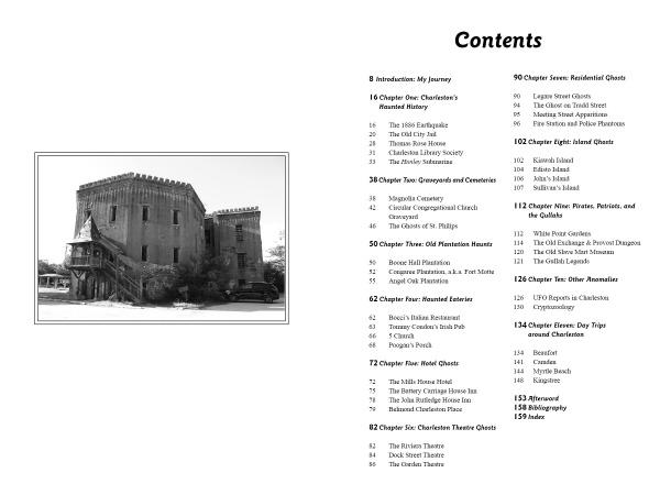 Black-and-white photo of an old, boarded-up stone building and staircase sets a haunting tone for "Ghosts and Legends of Charleston, South Carolina" from Schiffer Publishing, Ltd.; at right, the table of contents lists chapters and pages.