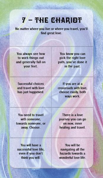 A card from My First Relationship Tarot by Schiffer Publishing, Ltd. titled The Chariot features guidebook text about love, choices, travel, and success, set against a vibrant abstract background in blue, red, and green.