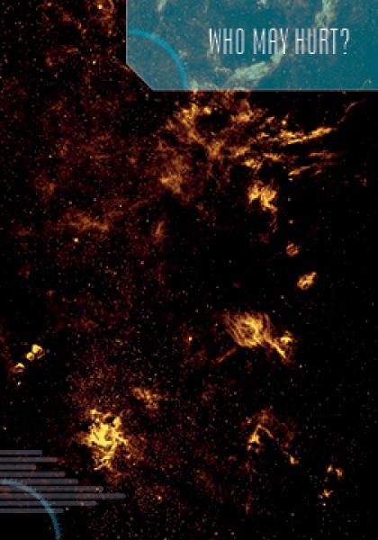 Dark abstract image features glowing orange nebula shapes on black. A blue box in the upper right reads "WHO MAY HURT?"—echoing the mysteries explored in the First Light Tarot 66-card set by Schiffer Publishing, Ltd.