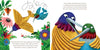 Illustration from SOAR by Schiffer Publishing, Ltd.: colorful hummingbirds among vibrant flowers. On the left, one hovers by a bloom; on the right, two embrace, conquering fear together. Heartfelt picture book with text on both pages.