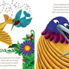 Illustration from SOAR by Schiffer Publishing, Ltd.: colorful hummingbirds among vibrant flowers. On the left, one hovers by a bloom; on the right, two embrace, conquering fear together. Heartfelt picture book with text on both pages.