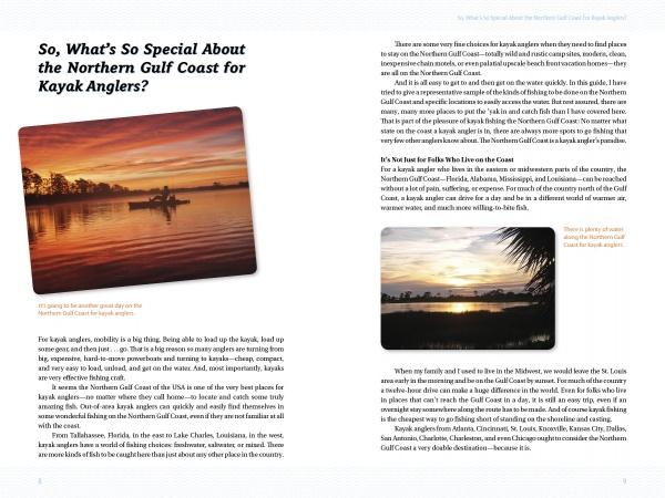 A magazine spread for "Kayak Fishing the Northern Gulf Coast" by Schiffer Publishing, Ltd. reveals kayak anglers casting at sunrise on tranquil waters with tree silhouettes, highlighting the coast’s unique fishing experiences.