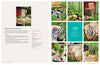 The two-page spread in "Grill Skills: Professional Tips for the Perfect Barbeque" by Schiffer Publishing, Ltd. features rustic table settings with potted herbs, vintage utensils, recipes, grilling tips, and edible decorations made from fresh greens.