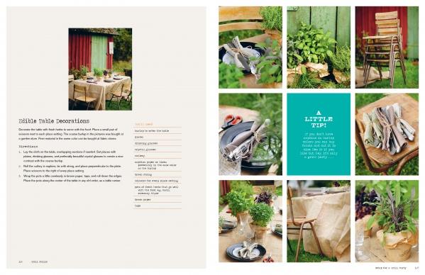 The two-page spread in "Grill Skills: Professional Tips for the Perfect Barbeque" by Schiffer Publishing, Ltd. features rustic table settings with potted herbs, vintage utensils, recipes, grilling tips, and edible decorations made from fresh greens.