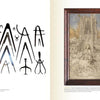 On the left page of "Cathedrals Built by the Masons" by Schiffer Publishing, Ltd., various calipers and compasses are illustrated; the right page shows a framed grayscale artwork of a seated figure amid Gothic architectural ruins.