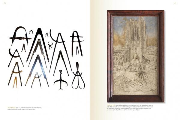 On the left page of "Cathedrals Built by the Masons" by Schiffer Publishing, Ltd., various calipers and compasses are illustrated; the right page shows a framed grayscale artwork of a seated figure amid Gothic architectural ruins.
