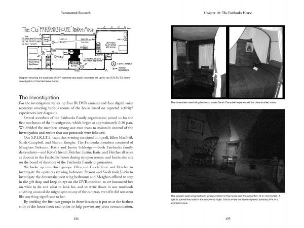 In Schiffer Publishing, Ltd.'s Paranormal Research, one page features a house layout diagram with investigative text for ghost hunters; the other shows three photos—two of a dark bedroom and one of an empty room with scattered furniture.