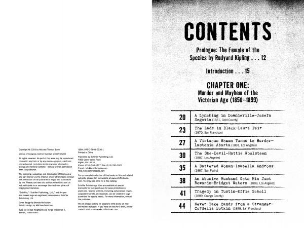 The table of contents in California's Deadly Women (Schiffer Publishing, Ltd.) lists the prologue, introduction, and chapters on California crime history, lynchings, serial murderers, and infamous Victorian Age women (pages 20–44).