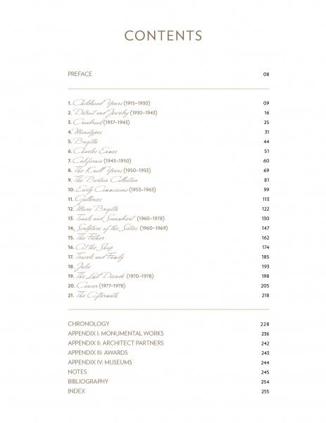 The Life and Work of Harry Bertoia by Schiffer Publishing, Ltd. features a table of contents with 20 main sections, chronology, appendixes, notes, bibliography, and index, all in a serif font spotlighting mid-century modern artist Harry Bertoia.