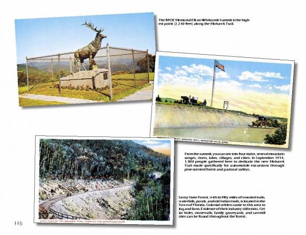 A collage of vintage Berkshires postcards from Schiffer Publishing, Ltd. features an elk statue on the Mohawk Trail, a scenic overlook with people and cars, and a winding forest road, each with printed text descriptions.