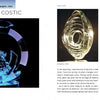 A two-page catalog spread from Schiffer Publishing, Ltd. features "Contemporary Ice Sculpture" with glass works by renowned artist Aaron Costic, including a blue circle, an oval spiral, and interlocking flames, plus descriptive text.