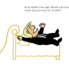 Cartoon of a blond man in a suit startled awake in bed, arms raised. Above: Donald woke from sleep and cried, Covfefe! A humorous, satirical touch from "Donald and the Golden Crayon" by Schiffer Publishing, Ltd.