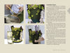 Four photos from "Taking the Flower Show Home" by Schiffer Publishing, Ltd. guide you through gluing moss on foam, adding moss to a trunk, arranging twigs, and inserting tall purple flowers, with text instructions on the right for floral show inspiration.