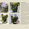 Four photos from "Taking the Flower Show Home" by Schiffer Publishing, Ltd. guide you through gluing moss on foam, adding moss to a trunk, arranging twigs, and inserting tall purple flowers, with text instructions on the right for floral show inspiration.