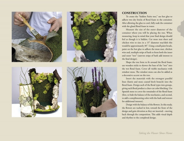 Four photos from "Taking the Flower Show Home" by Schiffer Publishing, Ltd. guide you through gluing moss on foam, adding moss to a trunk, arranging twigs, and inserting tall purple flowers, with text instructions on the right for floral show inspiration.