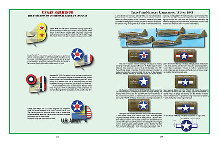 A two-page spread in Battle Colors Volume VI (Schiffer Publishing, Ltd.) explores the evolution of USAAF tactical aircraft markings in WWII’s China-Burma-India Theater, with text, insignia diagrams, and side-view aircraft illustrations.