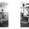 Two black-and-white photos from "Grunts" by Schiffer Publishing, Ltd.: Left, a boy dons an oversized coat; right, an older man adjusts it in a workshop, capturing the essence of preparing for U.S. Army draft basic training.