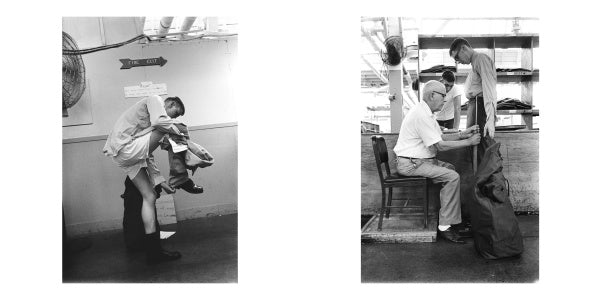 Two black-and-white photos from "Grunts" by Schiffer Publishing, Ltd.: Left, a boy dons an oversized coat; right, an older man adjusts it in a workshop, capturing the essence of preparing for U.S. Army draft basic training.