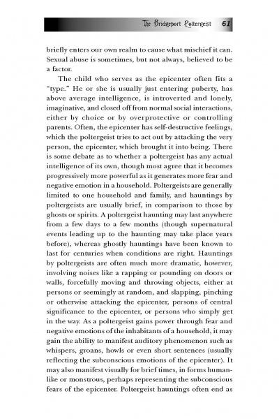 A page from Schiffer Publishing's "Connecticut's Seaside Ghosts" discusses how poltergeist activity often centers around young people entering puberty, linking these events to famous haunted Connecticut locations and classic ghost stories.