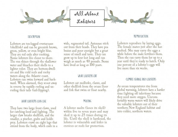 An informative chart titled All About Lobsters, with watercolor art from The Lobsters' Night Before Christmas by Schiffer Publishing, Ltd., covering lobster traits, diet, molting, reproduction, and climate change effects—ideal for kids.