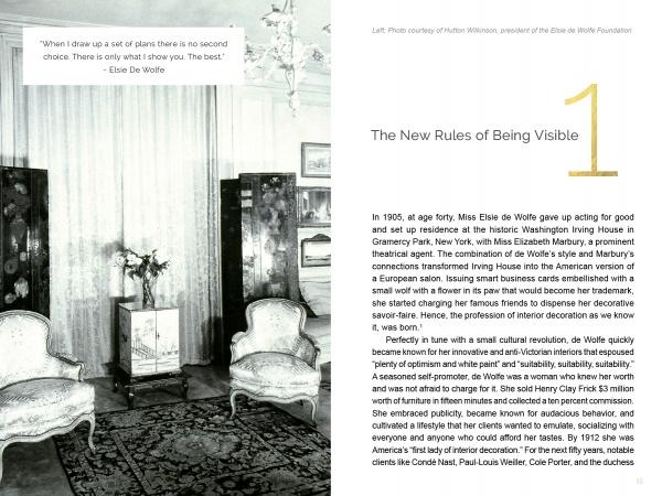 A black-and-white photo of a vintage sitting room pairs with text about Elsie de Wolfe’s impact on interior design, highlighting insights from "Branding + Interior Design" by Schiffer Publishing, Ltd.